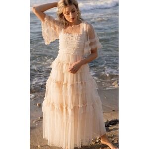 Needle & Thread Peaches Smocked Ankle Gown in Champaign Ivory Size 2